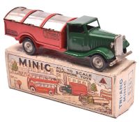 Tri-ang Minic tinplate clockwork Dust Cart 32M. A normal control cab in dark green with green