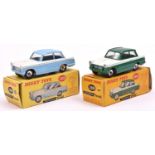 2 Dinky Toys Triumph Herald (189). One example in dark green and white and the other in light blue