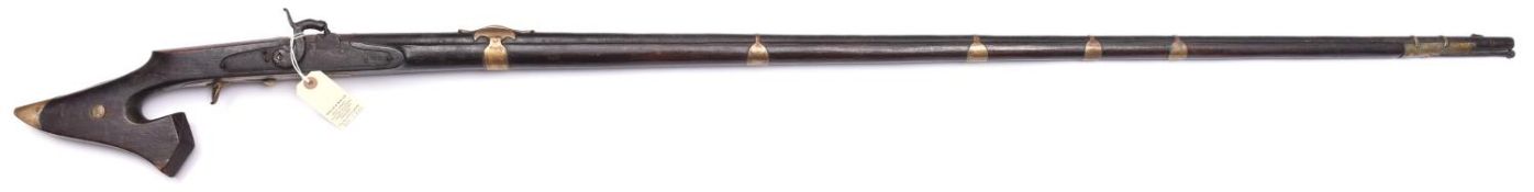 A scarce 32 bore percussion gun from Coorg, 65” overall, round barrel 52½” with fore sight, retained