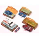 4 Dinky Toys. Volkswagen 1300 Sedan (129). In metallic blue with white interior. Jaguar E type