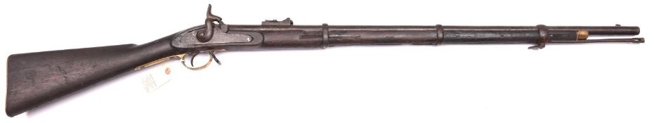 A 20 bore Enfield type 3 band percussion gun, 50” overall, barrel 34” with Indian inscription at the