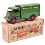 Tri-ang Minic tinplate clockwork Short Bonnet Delivery Van No.85M. An example in green British