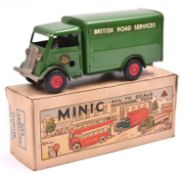 Tri-ang Minic tinplate clockwork Short Bonnet Delivery Van No.85M. An example in green British