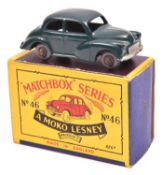 Matchbox Series No.46 Morris Minor 1000. In dark green with grey plastic wheels. Boxed. Vehicle