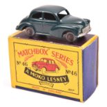 Matchbox Series No.46 Morris Minor 1000. In dark green with grey plastic wheels. Boxed. Vehicle