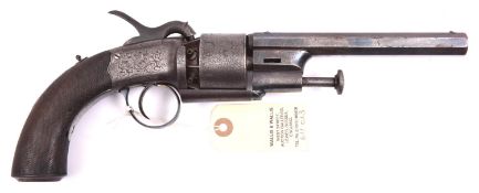 A 6 shot 54 bore Lang type open wedge frame SA transitional percussion revolver, 12” overall,