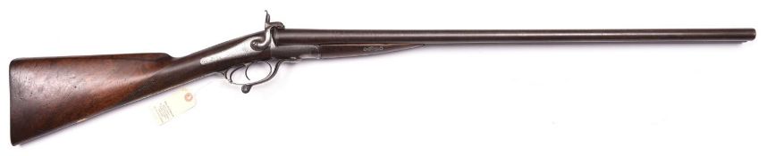 A DB 12 bore pin fire shotgun, 46” overall, rebrowned barrels 30”; with scroll engraved back