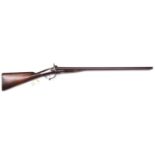 A DB 12 bore pin fire shotgun, 46” overall, rebrowned barrels 30”; with scroll engraved back