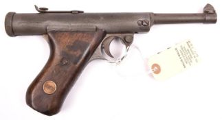 A .177” Haenel Mod 28 air pistol, number on butt (illegible), wooden grips. QGC (action sometimes