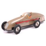 A Tri-ang Minic tinplate clockwork Racing Car 13M. Closed cockpit example in light grey with red