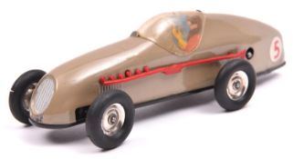 A Tri-ang Minic tinplate clockwork Racing Car 13M. Closed cockpit example in light grey with red