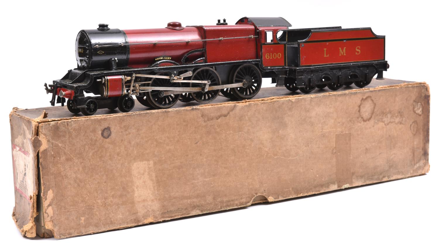 A Bassett-Lowke O Gauge 3-rail LMS 4-6-0 tender locomotive, Royal Scot, 6100. In maroon livery.