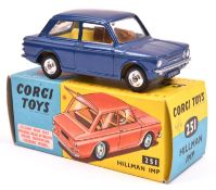 Corgi Toys Hillman Imp (251). An example in dark metallic blue with yellow interior, dished spun