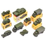 10 Dinky Military Vehicles. Army Water Tanker (643), 3-Ton Army Wagon (621), Field Artillery Tractor