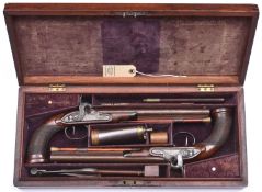 A pair of unusual 38 bore percussion duelling pistols, originally flintlocks of c 1785 by Robert