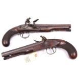A pair of 18 bore flintlock holster pistols, c 1810, 13½” overall, octagonal twist barrels 8” with