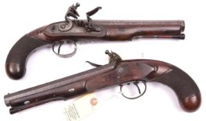 A pair of 18 bore flintlock holster pistols, c 1810, 13½” overall, octagonal twist barrels 8” with