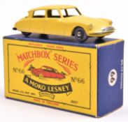 Matchbox Series No.66 Citroen DS19. In deep yellow with grey plastic wheels. Boxed. Vehicle Mint. £