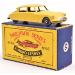 Matchbox Series No.66 Citroen DS19. In deep yellow with grey plastic wheels. Boxed. Vehicle Mint. £