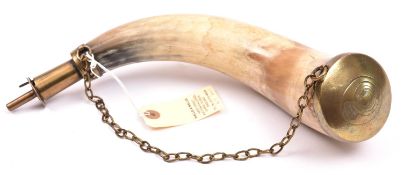 A late 18th century powder horn of the Percy Tenantry, brass graduated scoop nozzle with chain to