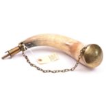 A late 18th century powder horn of the Percy Tenantry, brass graduated scoop nozzle with chain to