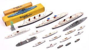 16+ Tri-ang Minic ships. Including; SS United States, RMS Queen Mary, RMS Queen Elizabeth, HMS