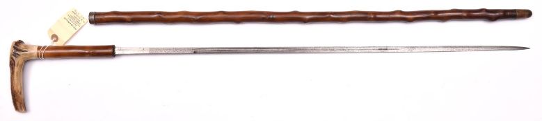 A 19th century swordstick, slender blade 27½”, SE fullered centre section, DE towards point,
