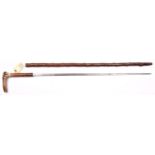 A 19th century swordstick, slender blade 27½”, SE fullered centre section, DE towards point,