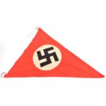 A Third Reich triangular party banner, 28” x 24”, with 2 brass suspension rings. GC