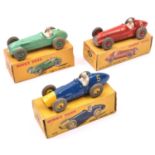3 Dinky single seat racing cars. Ferrari Racing Car (234). In dark blue with yellow nose and wheels,
