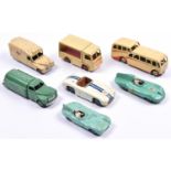 7 Dinky Toys. Daimler Ambulance. NCB Electric Van. Observation Coach. Studebaker Petrol Tanker.