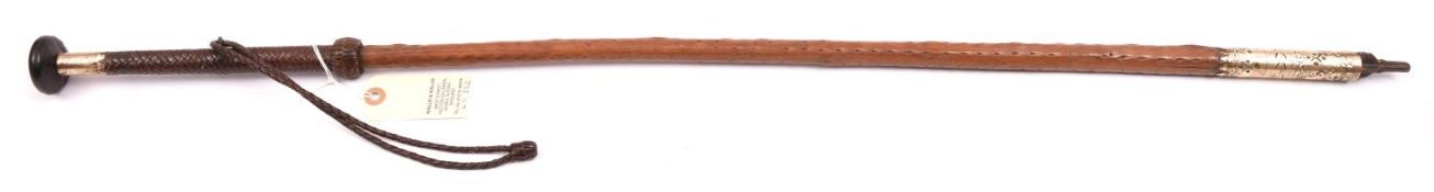 A traditional Basque walking cane Makhila with concealed spike, flattened dark wood disc pommel,