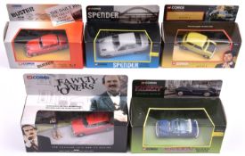 4 Corgi TV related vehicles. Fawlty Towers Austin 1300 estate, Buster Jaguar Mk2, both in red.