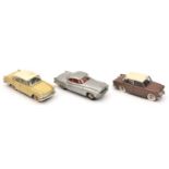 3 French Dinky Toys. Opel Rekord (554) in pale mustard yellow with cream roof. Plus a Borgward