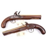 A pair of 24 bore brass barrelled flintlock holster pistols, by Ketland & Co, c 1820, 13” overall,