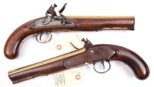 A pair of 24 bore brass barrelled flintlock holster pistols, by Ketland & Co, c 1820, 13” overall,