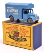 Matchbox Series No.17 Matchbox Removal Van. A scarce example in light blue with metal wheels. Boxed,