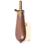 A copper bag shaped powder flask for Colt revolver, plain body with ring to base, gilt top marked “