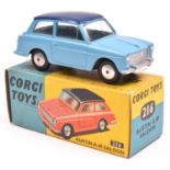 Corgi Toys Austin A.40 Saloon (216). In light blue with dark blue roof, smooth spun wheels with