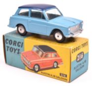 Corgi Toys Austin A.40 Saloon (216). In light blue with dark blue roof, smooth spun wheels with