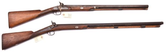 An SB 12 bore percussion sporting gun, with B’ham proofs, scroll engraved flintlock shaped lock,