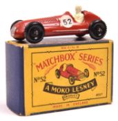 Matchbox Series No.52 Maserati 4 CLT racing car. In red with white painted driver, RN52 and black