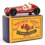 Matchbox Series No.52 Maserati 4 CLT racing car. In red with white painted driver, RN52 and black