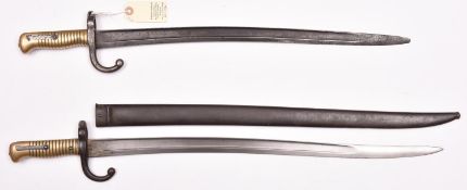 A Chassepot bayonet, marked “Manufre Imple de Mutzig Mai 1869” on backstrap, in scabbard, GC; and