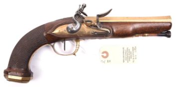 An early 19th century French 22 bore brass barrelled flintlock holster pistol, 12” overall, thick