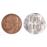 A pre war Italian bronze medallion, on the obverse a bust of Mussolini while the reverse bears a