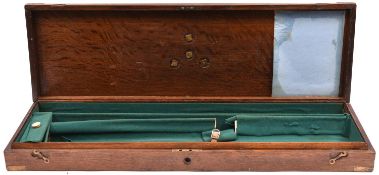 A 19th century oak gun case, for barrel length 28”, brass corners and folding ring handle to lid,