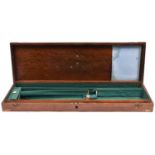 A 19th century oak gun case, for barrel length 28”, brass corners and folding ring handle to lid,