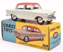 Corgi Toys Standard Vanguard III Saloon (207). Example in pale green with red roof, dished spun