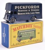 Matchbox Series No.46 Pickfords Removal Van. An example in dark blue with white roller shutter and